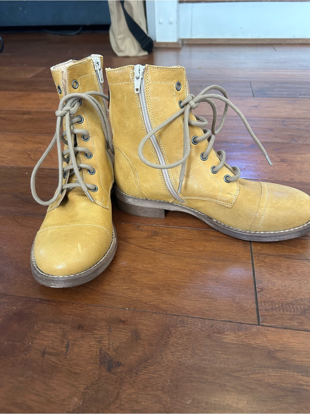 Free People Mustard Yellow Lace-Up Side-Zip Ankle Boots